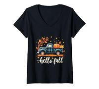 Donna Hello Fall Camicia Divertente Halloween Zucca Buffalo Plaid Camion Maglietta con Collo a V