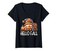 Donna Hello Fall GNOME Dad Graphic for Autumn Womens Cute Pumpkin Maglietta con Collo a V