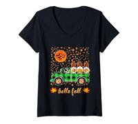 Donna Hello Fall Halloween Gnomi Zucche Camion Autunno Albero Autunno Maglietta con Collo a V
