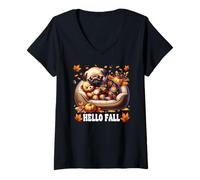 Donna Hello Fall Pug Graphic for Women Men Kids Cute Autumn Dog Maglietta con Collo a V
