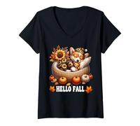 Donna Hello Fall Puppy Lover Graphic for Corgi Mom Cute Autumn Maglietta con Collo a V