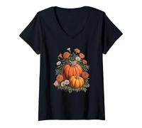 Donna Hello Fall Vintage Ringraziamento Floreale botanico Zucca Maglietta con Collo a V