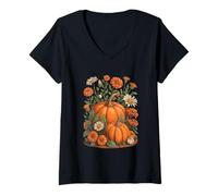 Donna Hello Fall Vintage Ringraziamento Floreale botanico Zucca Maglietta con Collo a V
