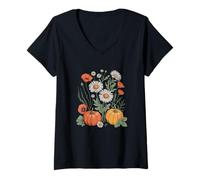 Donna Hello Fall Vintage Ringraziamento Floreale botanico Zucca Maglietta con Collo a V