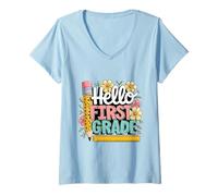 Donna Hello First Grade Camicia Floreale Leopard Matita Righello Scuola Maglietta con Collo a V