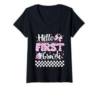 Donna Hello First Grade Coquette Cute First Day of School Girls Maglietta con Collo a V