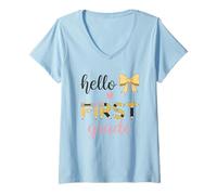Donna Hello First Grade matita cuore fiocco design Maglietta con Collo a V