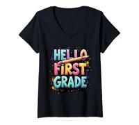 Donna Hello First Grade Pencil Fun Back to School Boy Girl Maglietta con Collo a V