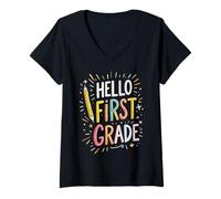 Donna Hello First Grade Pencil Fun Back to School Boy Girl Maglietta con Collo a V