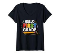 Donna Hello First Grade Pencil Fun Back to School Boy Girl Maglietta con Collo a V