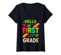 Donna Hello First Grade Pencil Fun Back to School Boy Girl Maglietta con Collo a V