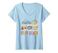 Donna Hello First Grade Primo Giorno Scuola Insegnante Ragazza Carino Bow Maglietta con Collo a V