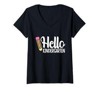 Donna Hello Kindergarten Teacher Leopard Pencil Torna a Scuola Maglietta con Collo a V