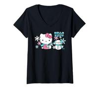 Donna Hello Kitty - Dolce Pupazzo di Neve Inverno Natale Maglietta con Collo a V