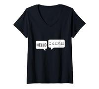 Donna Hello Konnichiwa Japanese-English Translator Maglietta con Collo a V