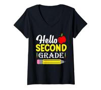Donna Hello Second Grade - Carino Ritorno a Scuola per Insegnanti e Bambini Maglietta con Collo a V