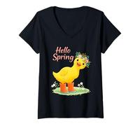 Donna Hello Spring - Anatroccolo con Motivo Floreale Maglietta con Collo a V