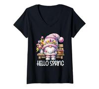 Donna Hello Spring Gnome Graphic For Women Cute Tulip Flowers Maglietta con Collo a V