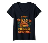 Donna Hello Spring - Occhiali da Sole a Forma di Marmotta Maglietta con Collo a V