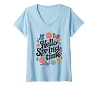 Donna Hello Spring Time Floral Tipografia Design Maglietta con Collo a V