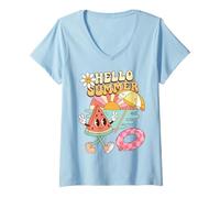 Donna Hello Summer Watermelon Beach Vacation Fun Maglietta con Collo a V