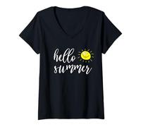 Donna Hello Summer with Happy Sun for Summer Vacation & Holidays Maglietta con Collo a V