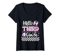 Donna Hello Third Grade Coquette First Day of School Teacher Girls Maglietta con Collo a V