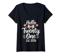 Donna Hello Twenty One EST 2026 Floral 21° Compleanno Maglietta con Collo a V