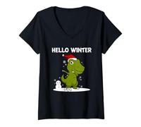 Donna Hello Winter Trex Dino, dinosauro natalizio, pupazzo di neve Maglietta con Collo a V
