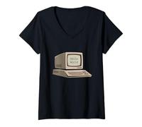 Donna Hello World Retro Old Computer 80s Geek Programmatore Umorismo Maglietta con Collo a V