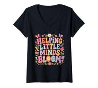 Donna Helping Little Minds Bloom Teacher, Farfalla Floreale, Mela Maglietta con Collo a V