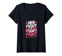 Donna Her Fight Is Our Fight - Guantoni da Boxe per la sensibilizzazione Contro Il Cancro al Seno Maglietta con Collo a V