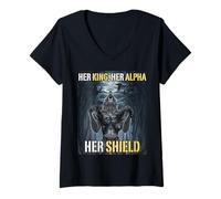 Donna Her King Her Alpha Her Shield Divertente Alpha Wolf Meme Maglietta con Collo a V