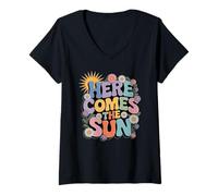 Donna Here Comes Sun Retro Flower Spring Happy Summer Maglietta con Collo a V