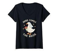 Donna Here Comes The Bride Goose Wedding Ricamato Look Style Maglietta con Collo a V