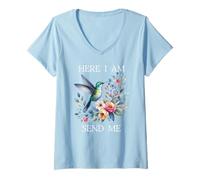 Donna Here I Am Send Me Isaiah 6:8 God Bible Christian Hummingbird Maglietta con Collo a V