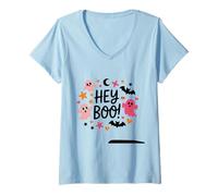Donna Hey Boo - Camicia con Fantasma, Stelle, Teschi, Pipistrelli, Rosa e Arancione Maglietta con Collo a V