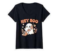 Donna Hey Boo Ghost Girl Calling Phone Halloween Spooky Boo JEE Maglietta con Collo a V