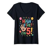 Donna High Five I’m 5 - Fun Colorful 5th Birthday Celebration Maglietta con Collo a V