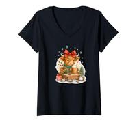 Donna Highland Cow Christmas Coffee Cocoa Sled Cute Watercolor Maglietta con Collo a V
