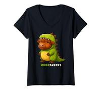 Donna Highland Cow Dinosaur Costume Moosaurus Trex Ragazzi Ragazze Bambini Maglietta con Collo a V