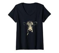 Donna Highland Cow Face Rustic Farm Country Bovini Maglietta con Collo a V
