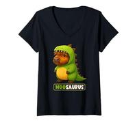 Donna Highland Cow Moosaurus Dinosaur Costume Trex Ragazzi Ragazze Bambini Maglietta con Collo a V