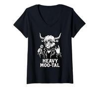 Donna Highland Cow, Rockstar, cantante rock, regalo per uomini, donne e bambini Maglietta con Collo a V