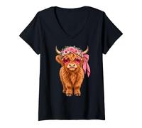 Donna Highland Cow Scottish Bovini Carino Highland Mucca Maglietta con Collo a V