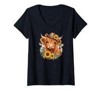 Donna Highland Cow Scottish Bovini Carino Highland Mucca Maglietta con Collo a V