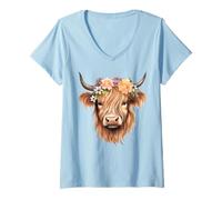Donna Highland Cow Scozia Scottish Fluffy Mucca Carino Highland Coo Maglietta con Collo a V