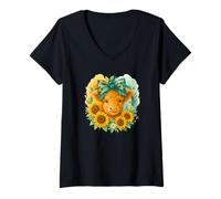 Donna Highland Cow Sunflower Watercolor with Teal Bow Maglietta con Collo a V