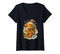 Donna Highland Cow Winter Watercolor On Sled with Hot Cocoa Maglietta con Collo a V
