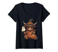 Donna Highland Cow Witch's Hat Carino Spooky Halloween Costume Maglietta con Collo a V
